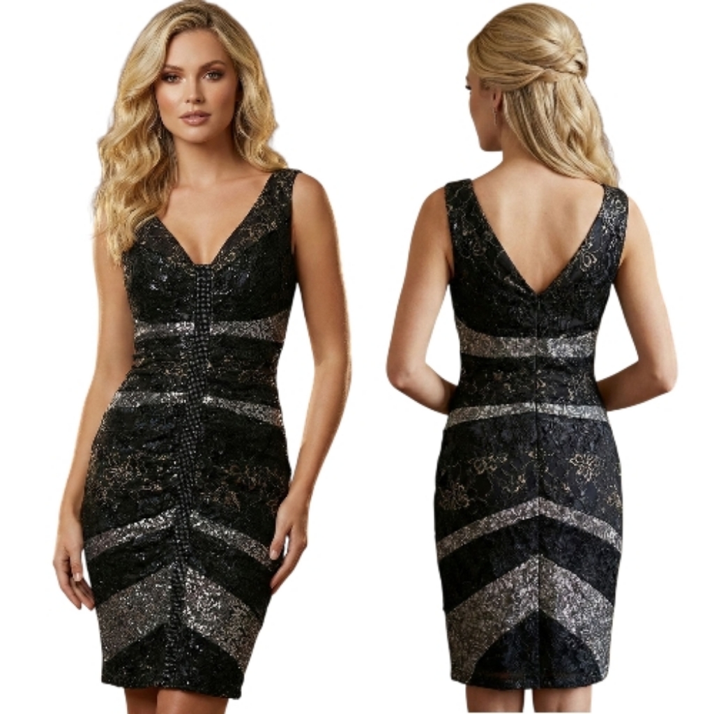 Julian Joyce By Mandalay Black & Gold Beaded Lace Cocktail Dress - Size 10